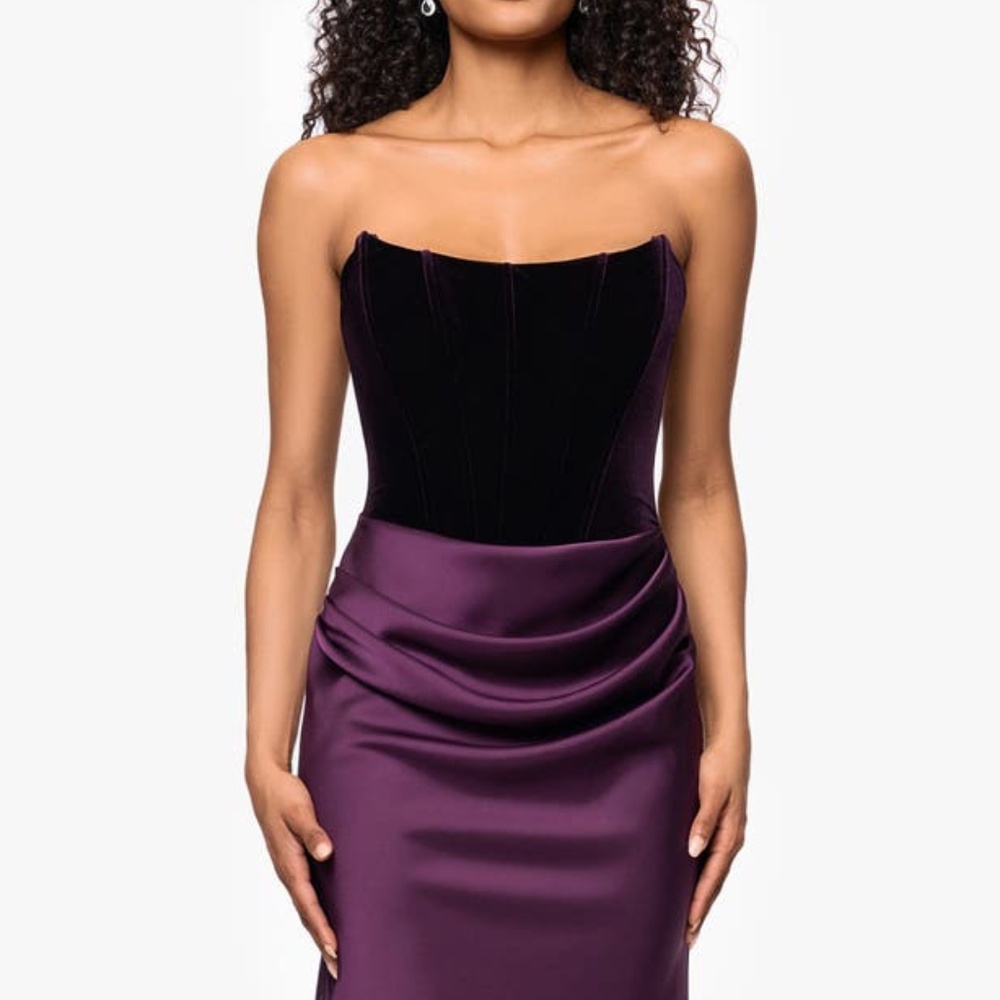 NEW Betsy & Adam PLUM Strapless CORSET Bustier VELVET  & SATIN Draped GOWN 4 - Picture 6 of 13